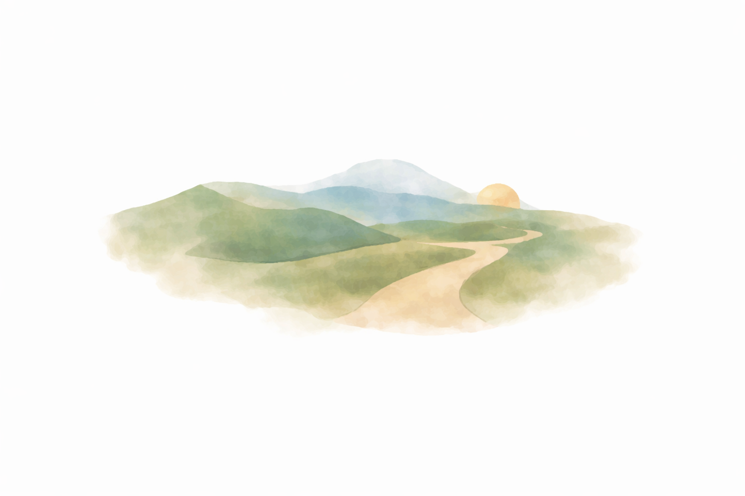 A winding path through soft green hills, with the sun on the horizon